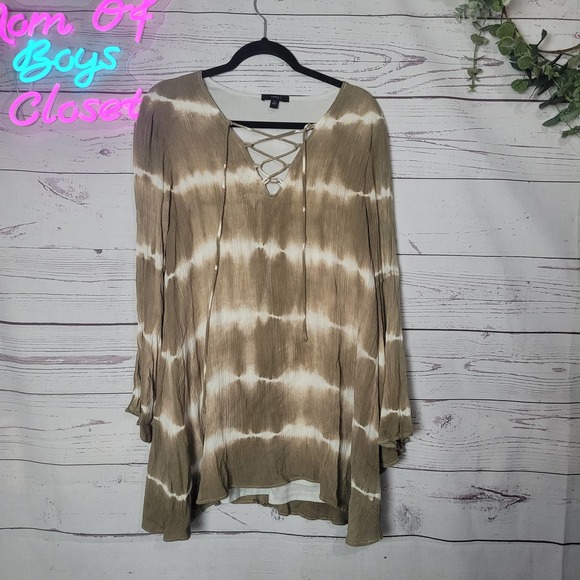Very J Tan White Tie Dye Lace Up Front Long Sleeve Dress Womans Size Medium - Picture 1 of 5